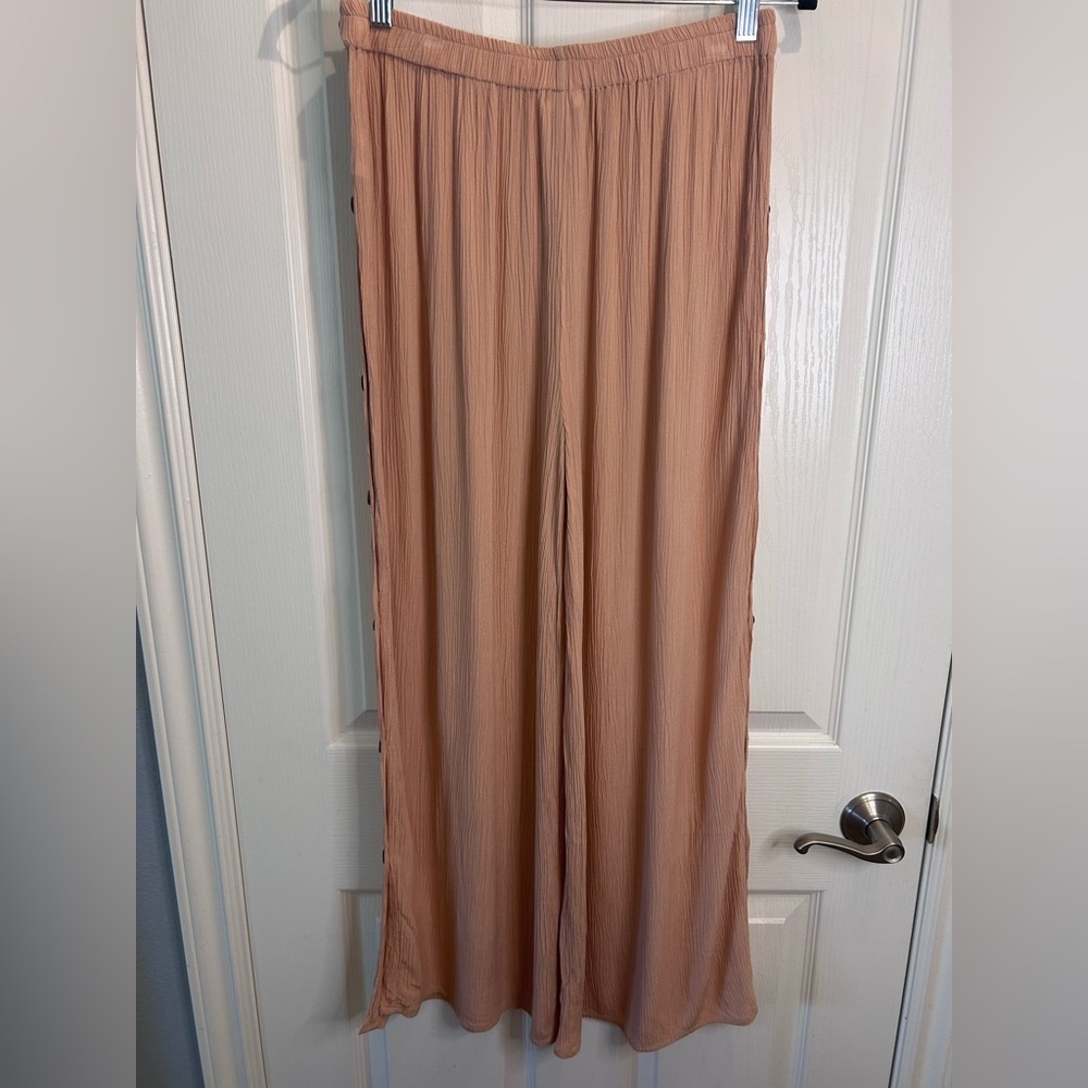 🍋”Salty Lemon” Apricot/Tan Wide Leg Pants w/ Elastic Waist & Side Buttons
